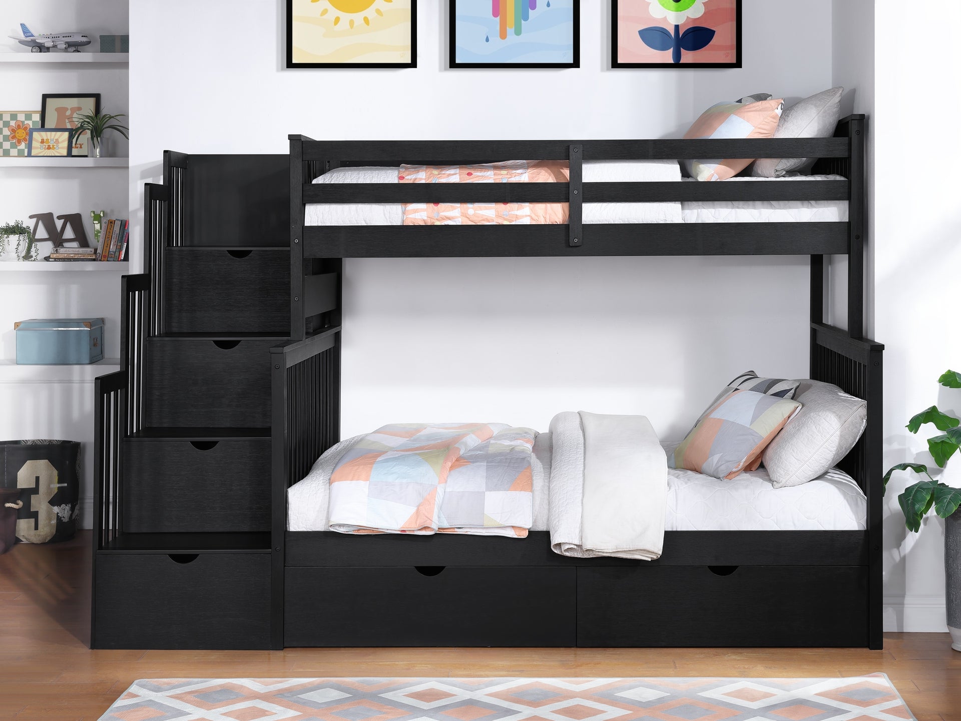 Ludville Twin/Full Stairway Bunk Bed with Storage Drawers and Shelves